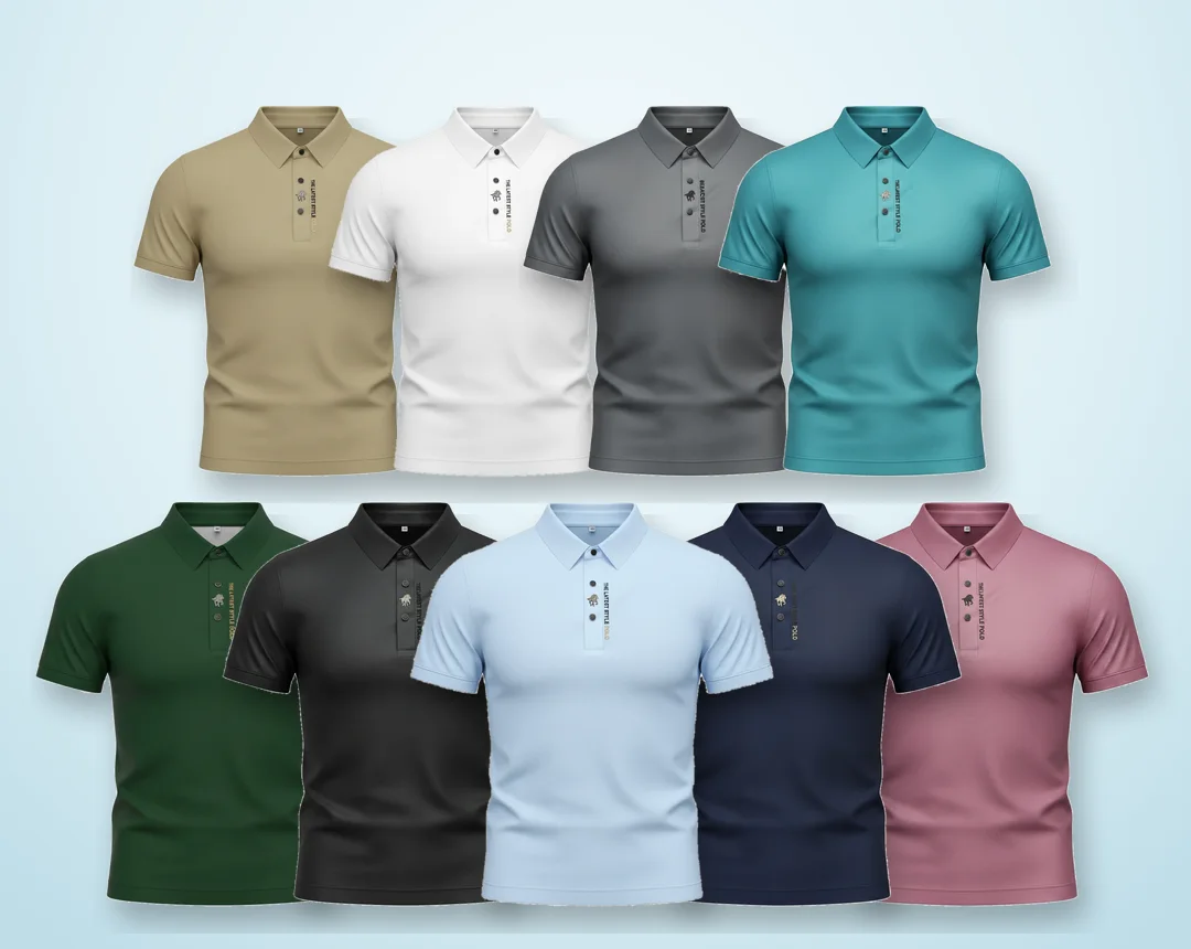 La polo seda helada en sus 9 colores: caqui, blanco, gris, aguamarina, verde oscuro, negro, azul cielo, azul rey y rosa